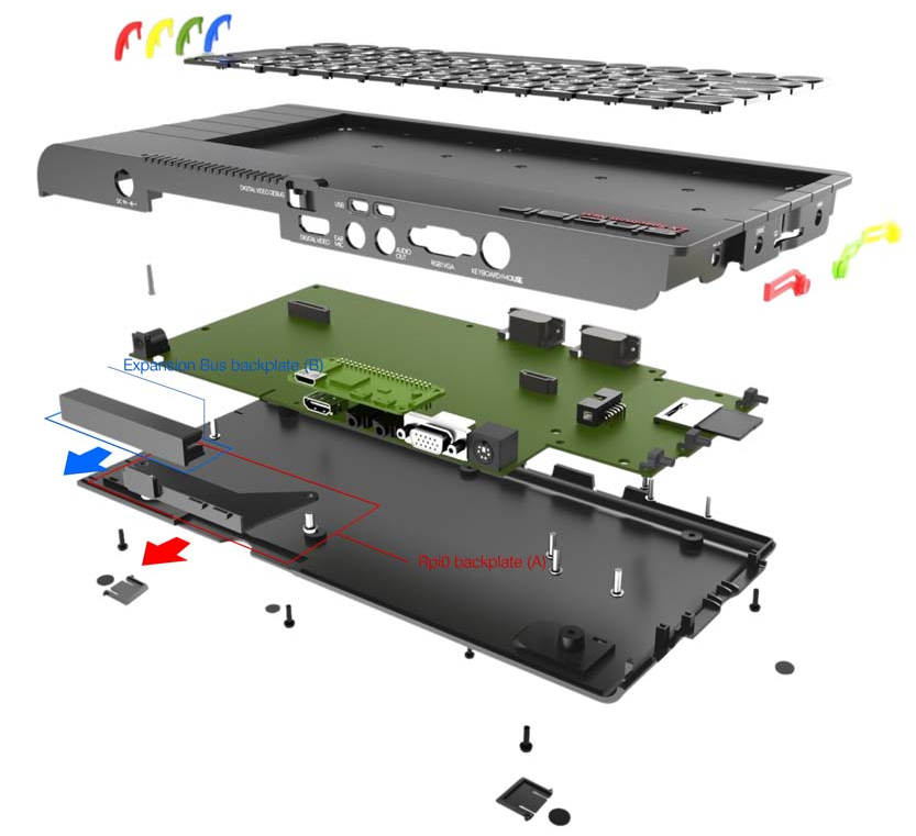 Fig. 36 – Disassembled Next. Note the expansion port and Raspberry Pi 0 backplates